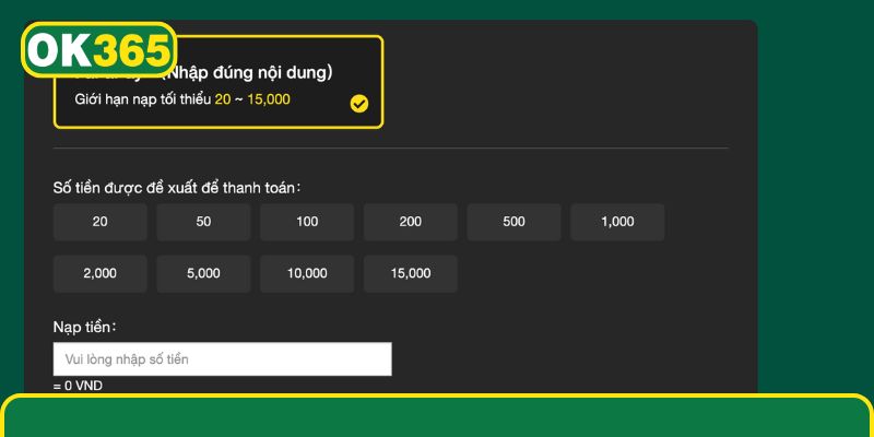 Nạp Tiền OK365 – Đa Dạng Phương Thức, Giao Dịch 24/24 Giao dịch nạp trơn tru với hướng dẫn từng bước