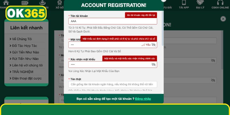 Đăng Ký OK365 Nhanh Gọn Và Chính Xác Cho Người Mới Xử lí lỗi khi tạo tài khoản tại nhà cái OK365